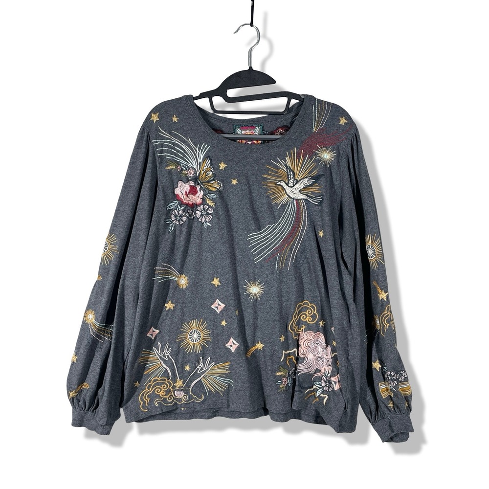 Johnny Was Embroidered Celestial Bird Top Womens L Gray Boho Ethereal Whimsical